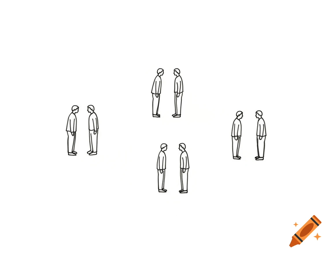 Minimalist black line art showing four pairs of people, each pair facing each other, on a white background.