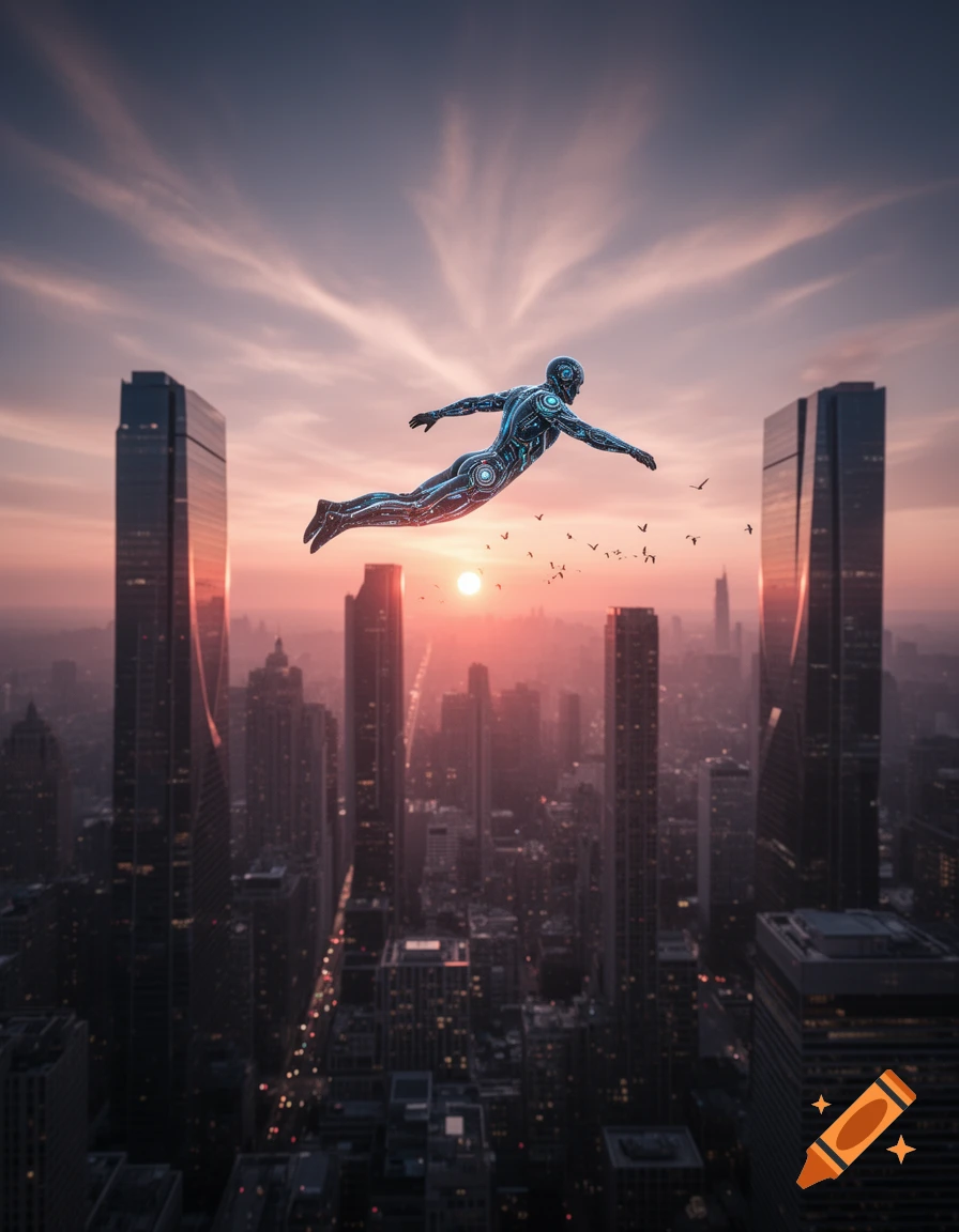 A futuristic figure with glowing blue circuitry flies across a vibrant sunset sky above a towering city skyline.