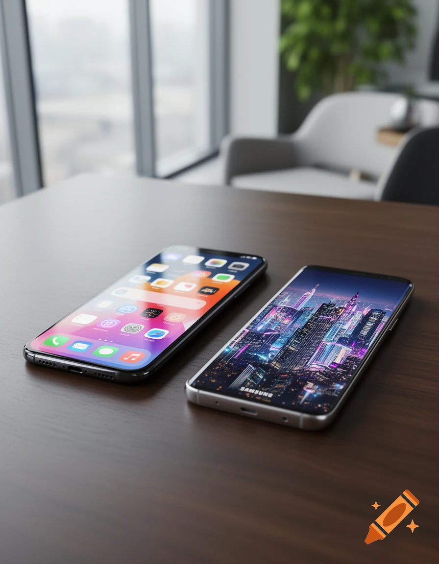 Photorealistic render of an iPhone and a Samsung smartphone side by side on a dark wooden table in a modern office with a blurred window.