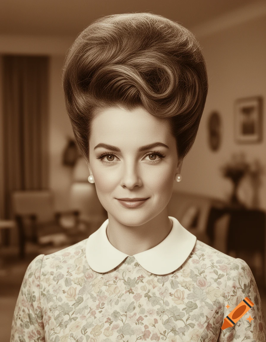 Sepia-toned portrait of a 1960s woman with a bouffant hairstyle and a floral dress with a Peter Pan collar.