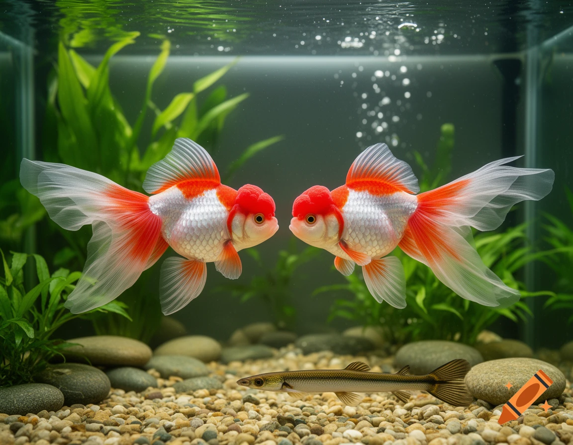 Two red and white Red Cap Oranda goldfish face each other in an aquarium with a Siamese algae eater fish on the pebbled bottom, surrounded by green plants.