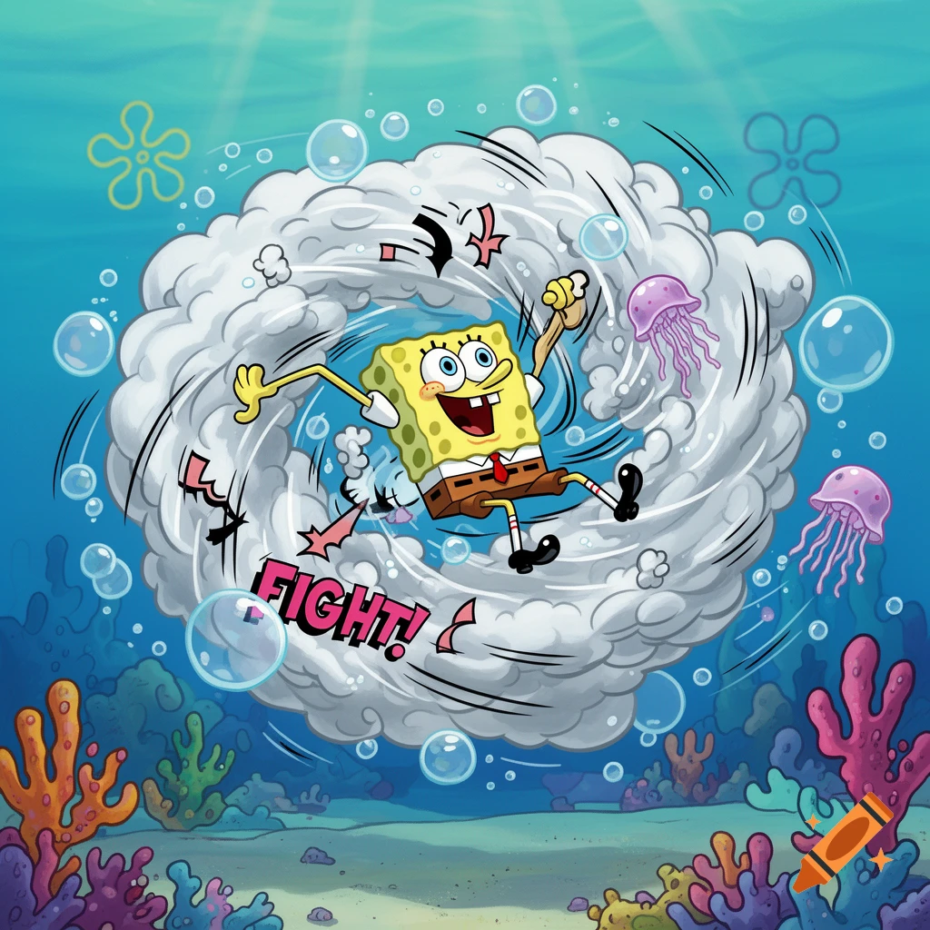 Cartoon SpongeBob in a swirling white cloud with 'FIGHT!' text, surrounded by jellyfish and coral underwater.