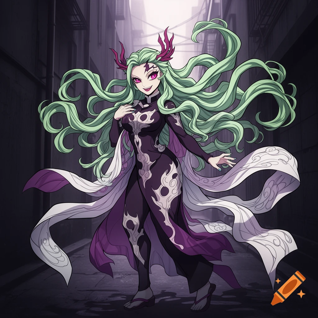 An anime-style woman with long light green hair and pink horns, wearing a dark purple patterned dress and flowing fabric, standing in a dark alleyway.