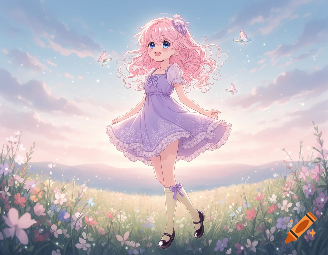 A cute anime girl with pink curly hair and blue eyes, wearing a purple dress, stands smiling in a vibrant wildflower field under a pastel sky with butterflies.