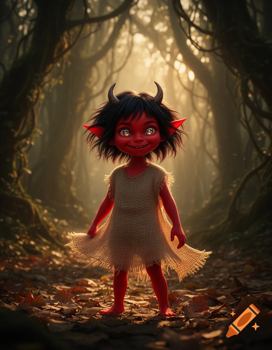 A cute, red-skinned imp girl with small horns and black hair smiles, standing in a sunlit, mossy forest.