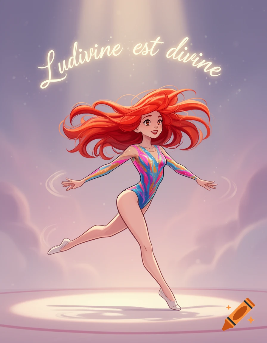 A smiling cartoon woman with long red hair, wearing a colorful leotard, striking a graceful gymnastics pose. The text "Ludivine est divine" floats above her.