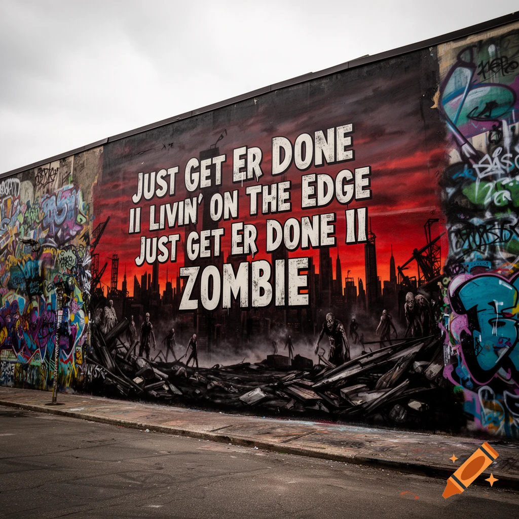 A street art mural features white text "Just Get Er Done II Livin' On The Edge Just Get Er Done II Zombie" above silhouetted zombies in a red-skied cityscape, flanked by colorful graffiti.