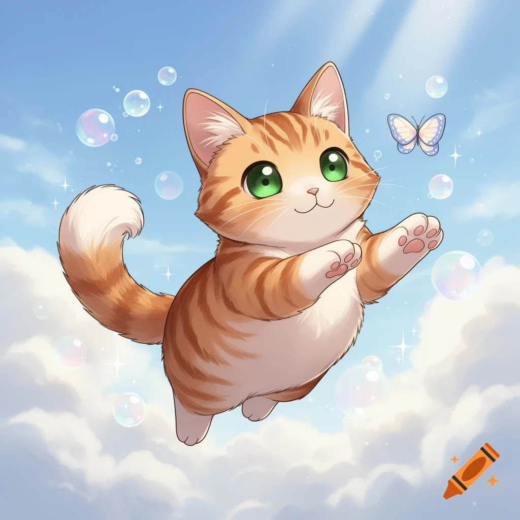 A cute orange tabby cat with green eyes floats in a blue sky among clouds and bubbles, looking at a butterfly.