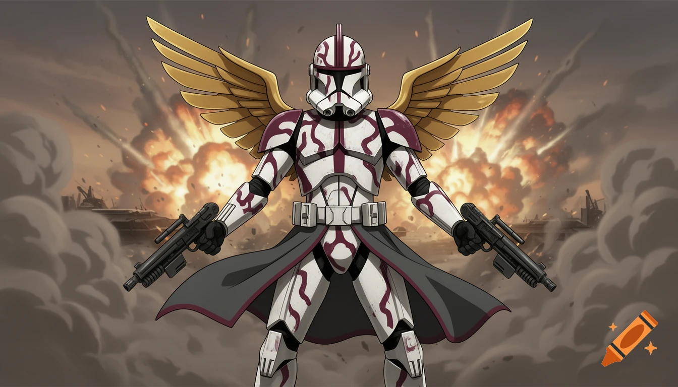 A Star Wars Clone Trooper Commander with gold wings and burgundy armor holds dual blasters in a smoky battlefield with explosions.