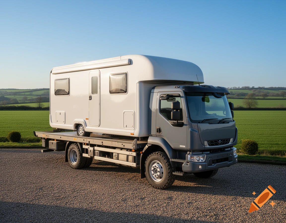 A gray flatbed truck carries a white camper module on a gravel path next to a vibrant green field under a clear blue sky, in a photorealistic style.