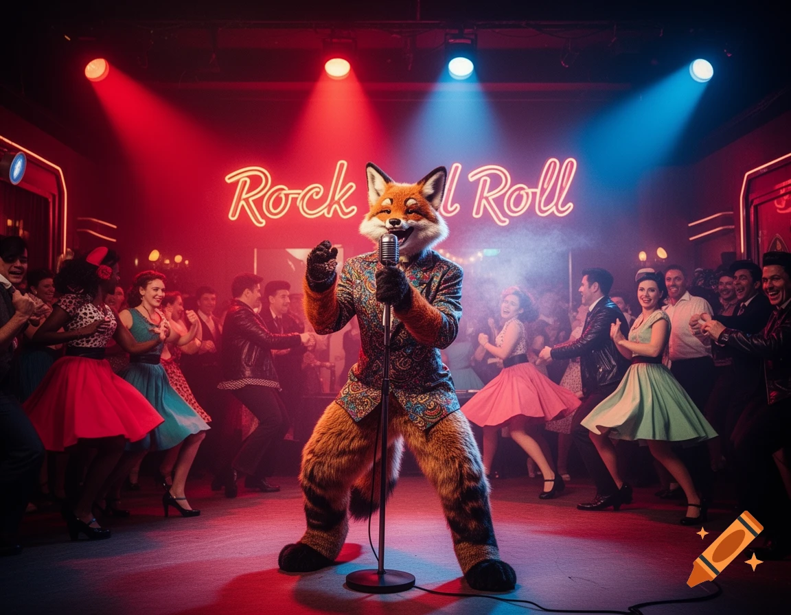 A fox in a fursuit sings into a microphone on stage, illuminated by red and blue lights, while people dance in a 1950s-themed club.