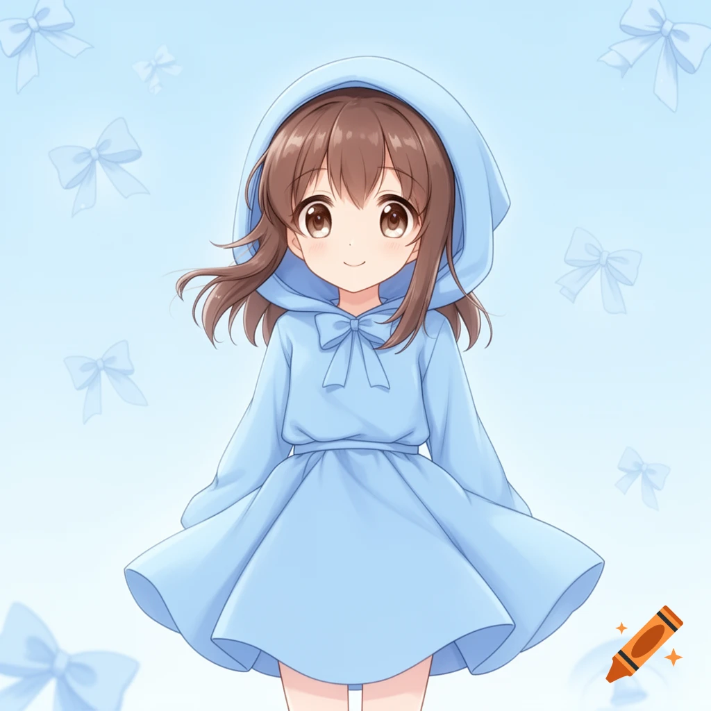 A cute anime girl with brown hair wears a baby blue hooded dress with a bow on a light blue background with faint bows.