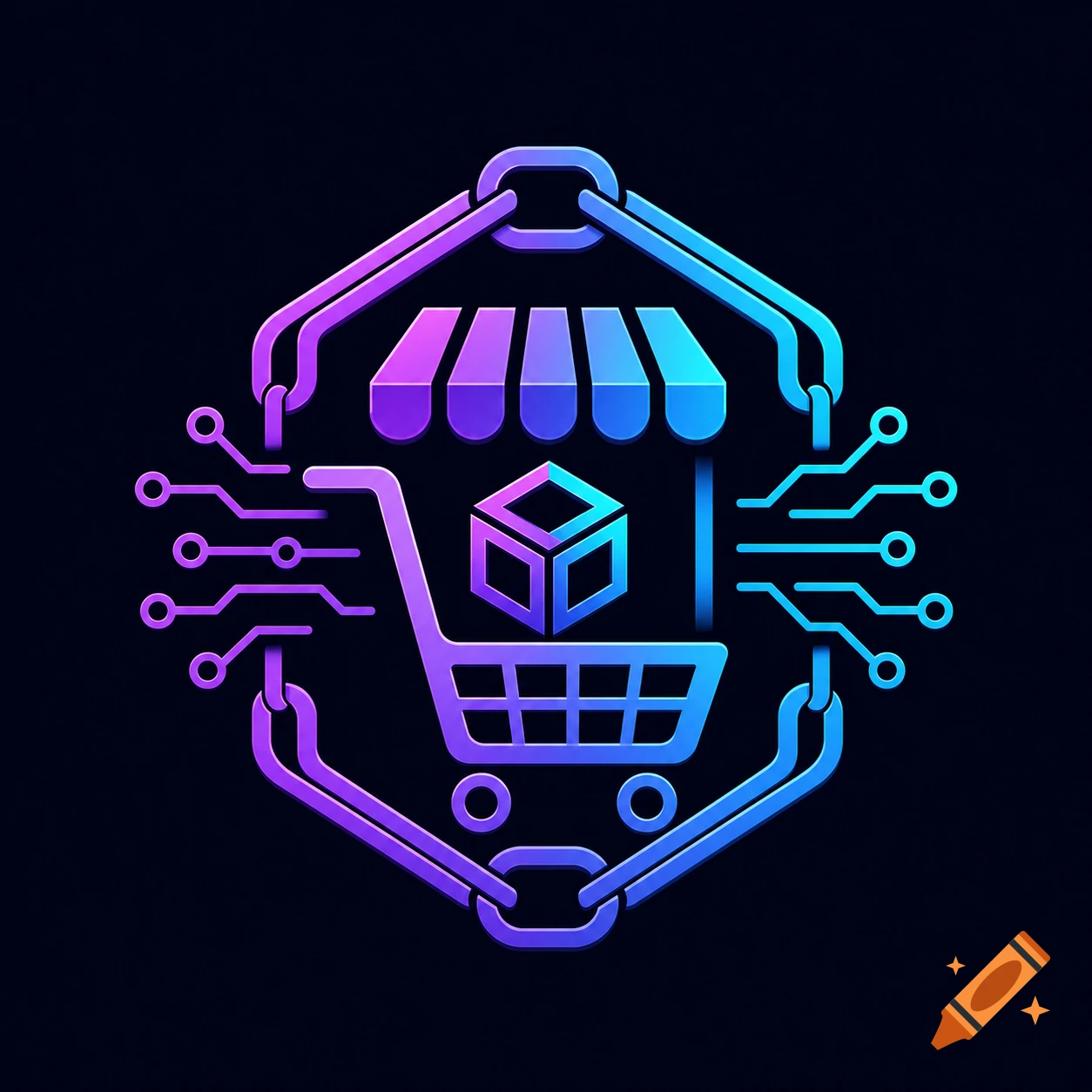 A modern, minimalist logo for blockchain retail, featuring a shopping cart, storefront, and cubic product integrated with chain links and circuits, in blue and purple gradients.