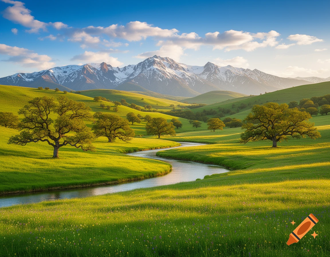 A vibrant green landscape with a winding river, rolling hills, lush trees, and snow-capped mountains under a blue sky.