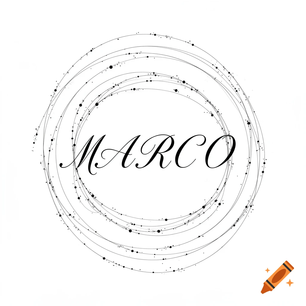 Black and white minimalist abstract art featuring the name MARCO in an elegant script, surrounded by fine circular lines and scattered dots.