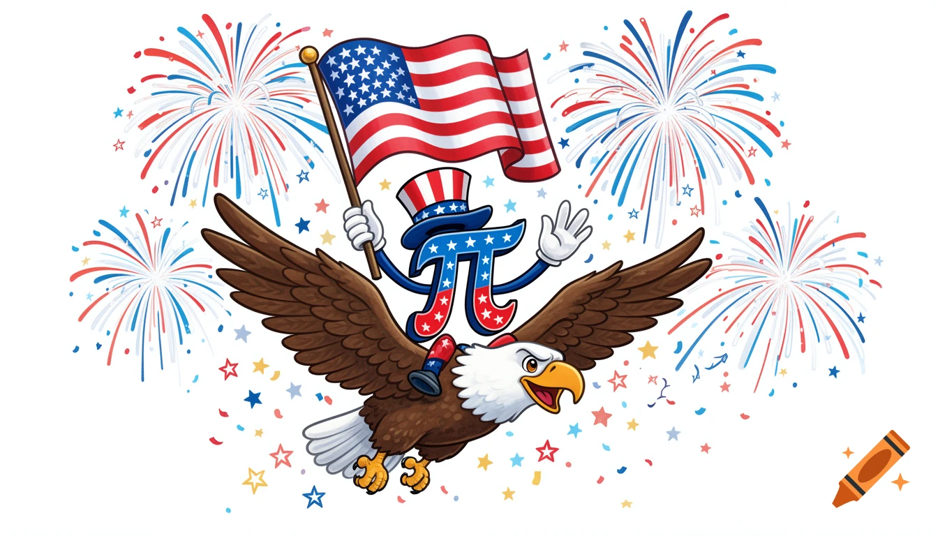 A cartoon pi symbol character in a patriotic hat rides a bald eagle, holding an American flag amidst fireworks and confetti on a white background.