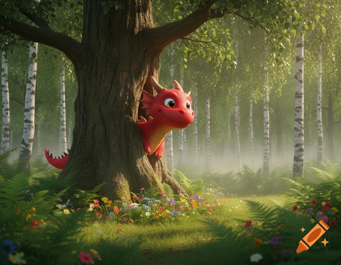 A cute red cartoon dragon peeking from behind a large tree in a vibrant, misty forest with wildflowers.