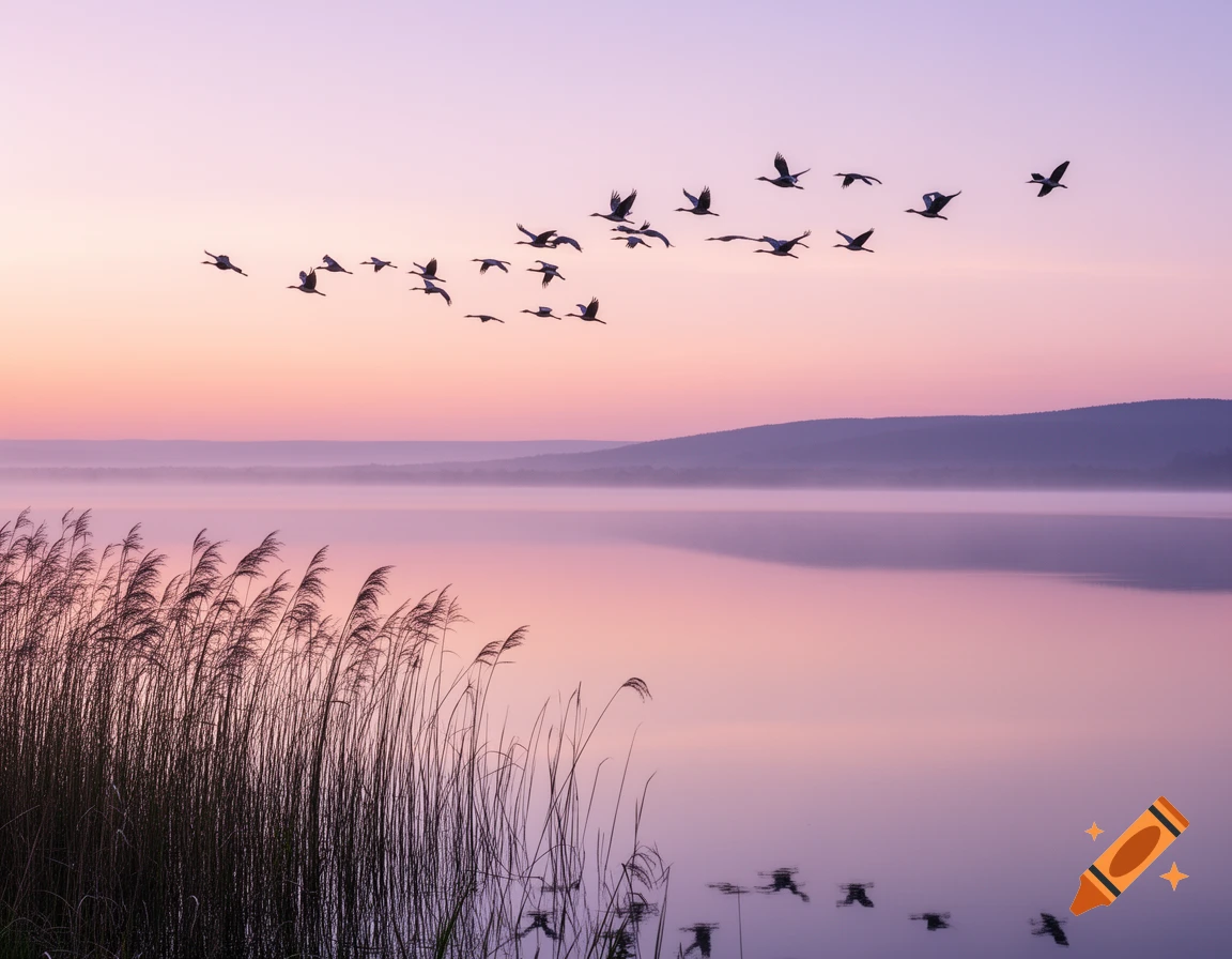A flock of birds flies in V-formation over a misty, serene lake at sunset, with tall reeds in the foreground.