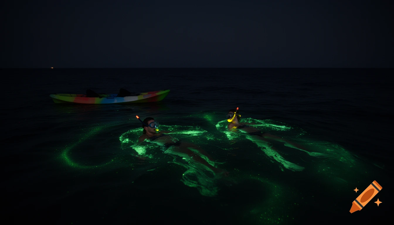 Two people wearing snorkels swim in a dark ocean, surrounded by glowing green bioluminescent plankton, with a colorful kayak nearby at night.