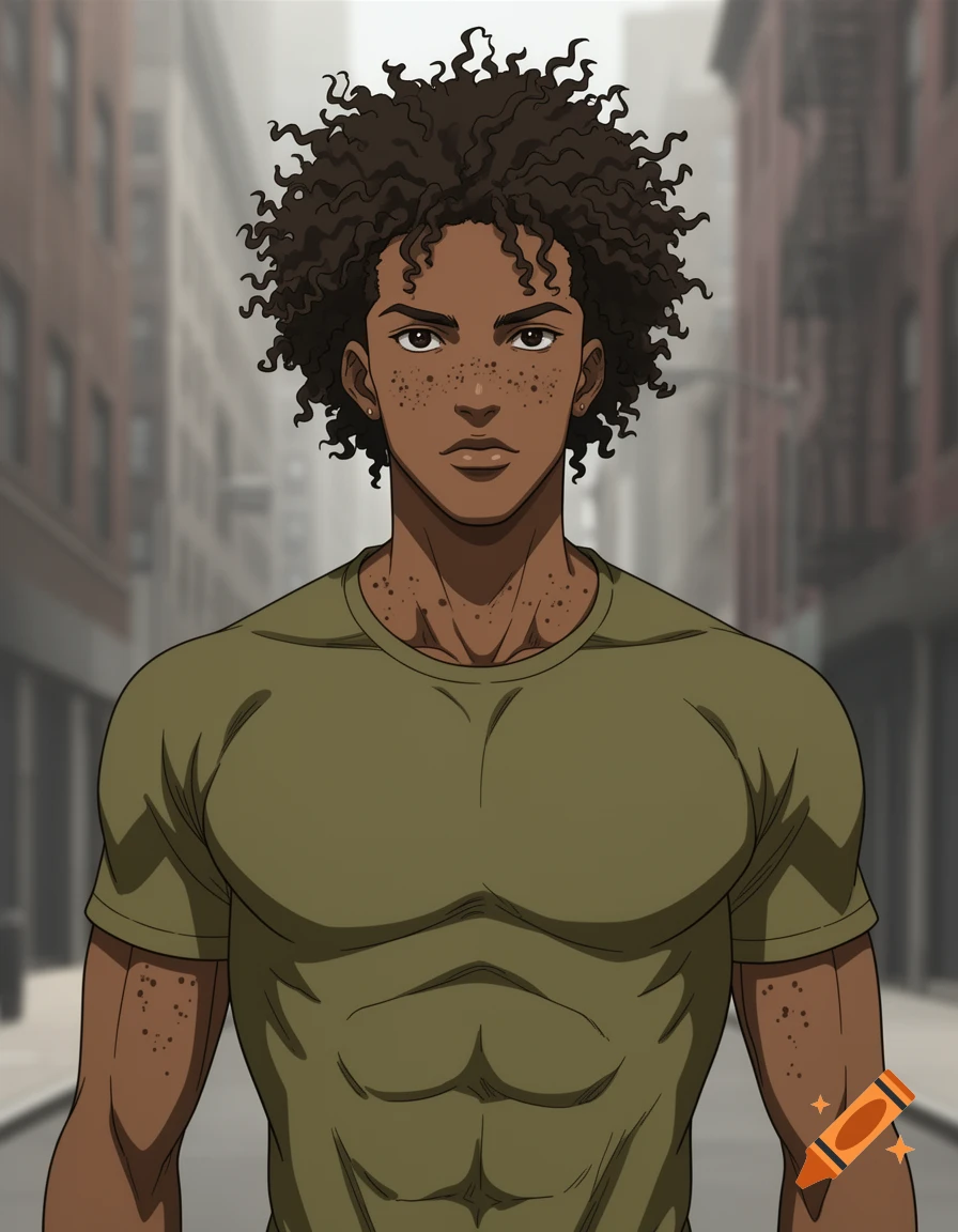 Anime illustration of a young African American man with dark curly hair and freckles, wearing an olive green t-shirt, on a blurry city street.
