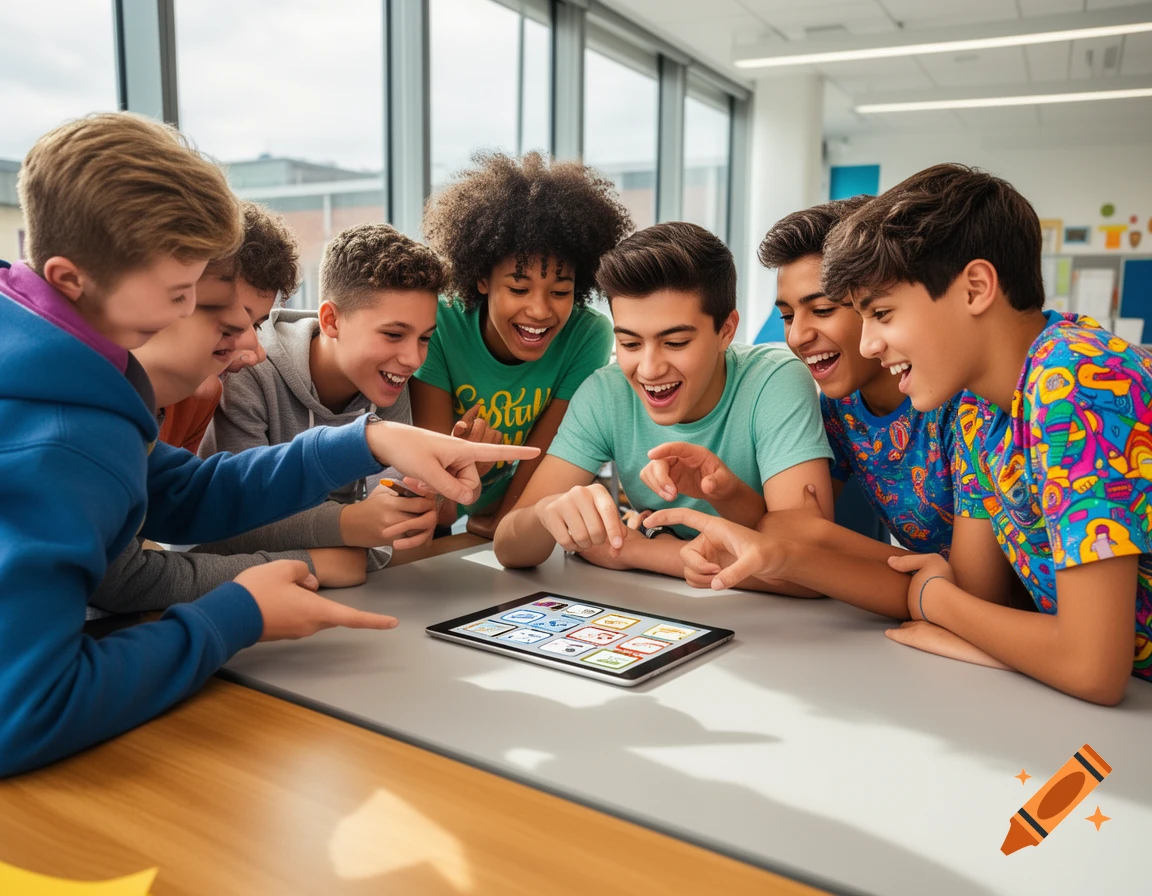 Seven diverse teenagers laugh and point at a tablet screen together in a modern classroom, working on a project.