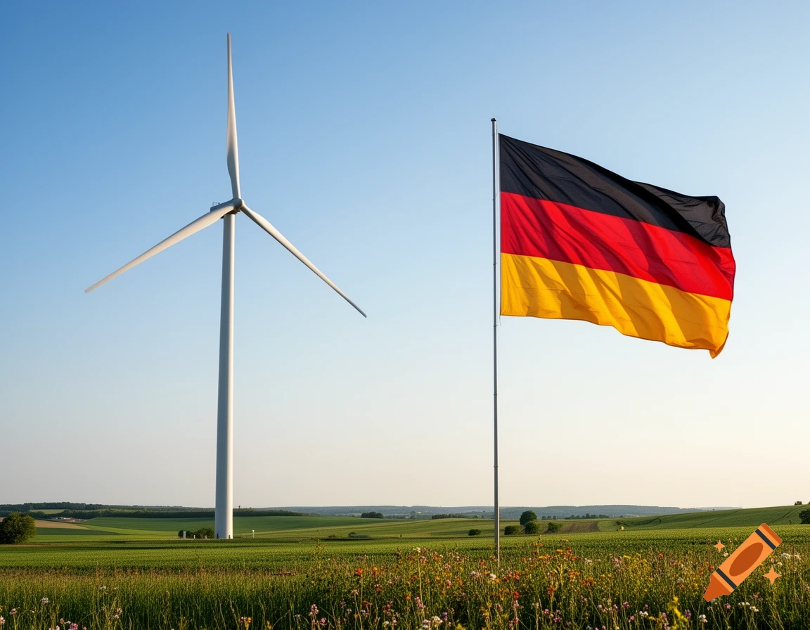 A large white wind turbine stands in a green field under a clear blue sky, with a German flag waving on a pole.