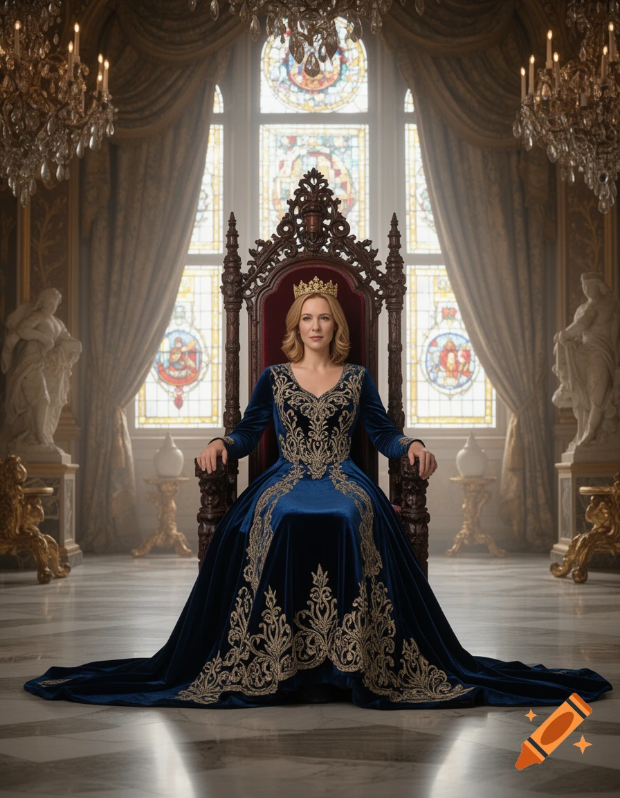 A woman in a blue and gold regal dress and crown sits on an ornate throne in a grand hall with stained-glass windows, photorealistic.