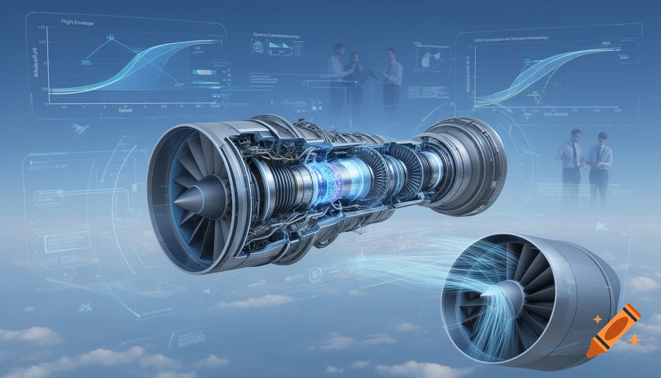 A detailed 3D cross-section of a jet engine with glowing components, surrounded by holographic data overlays, graphs, and business people in a blue-toned, futuristic style.