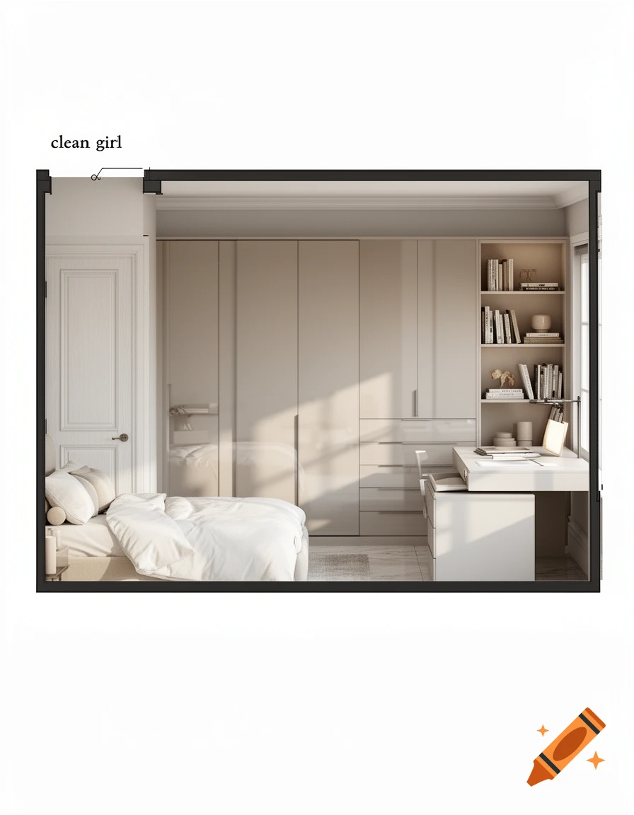 Minimalist architectural plan of a bedroom with a bed, wardrobe, desk, chair, and bookshelf under sunlight.