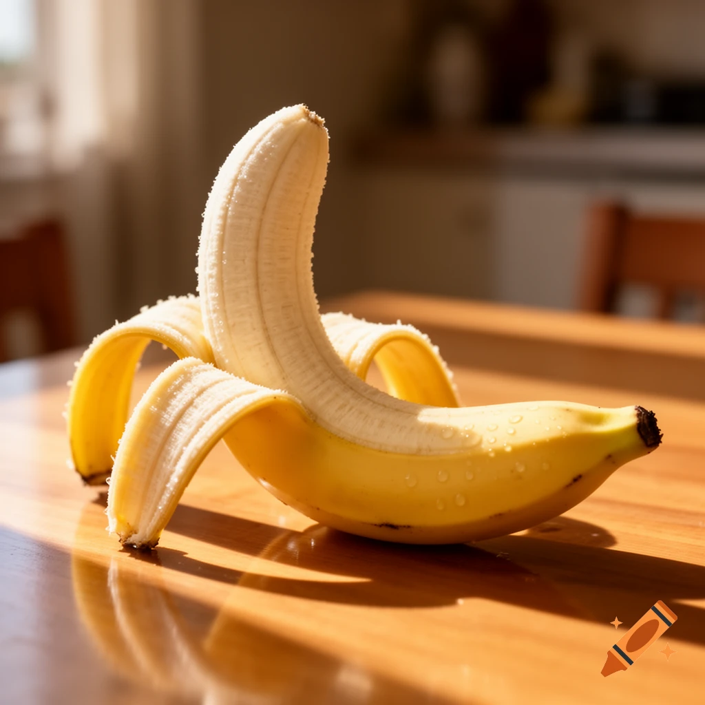 A partially peeled banana with water droplets lies on a sunlit wooden table, casting a reflection.
