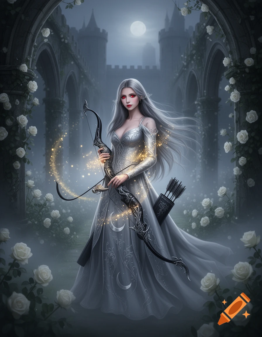 A silver-haired woman with red eyes, in an elegant silver dress, holds a black bow with glowing magic in a misty gothic castle garden with white roses under a full moon.