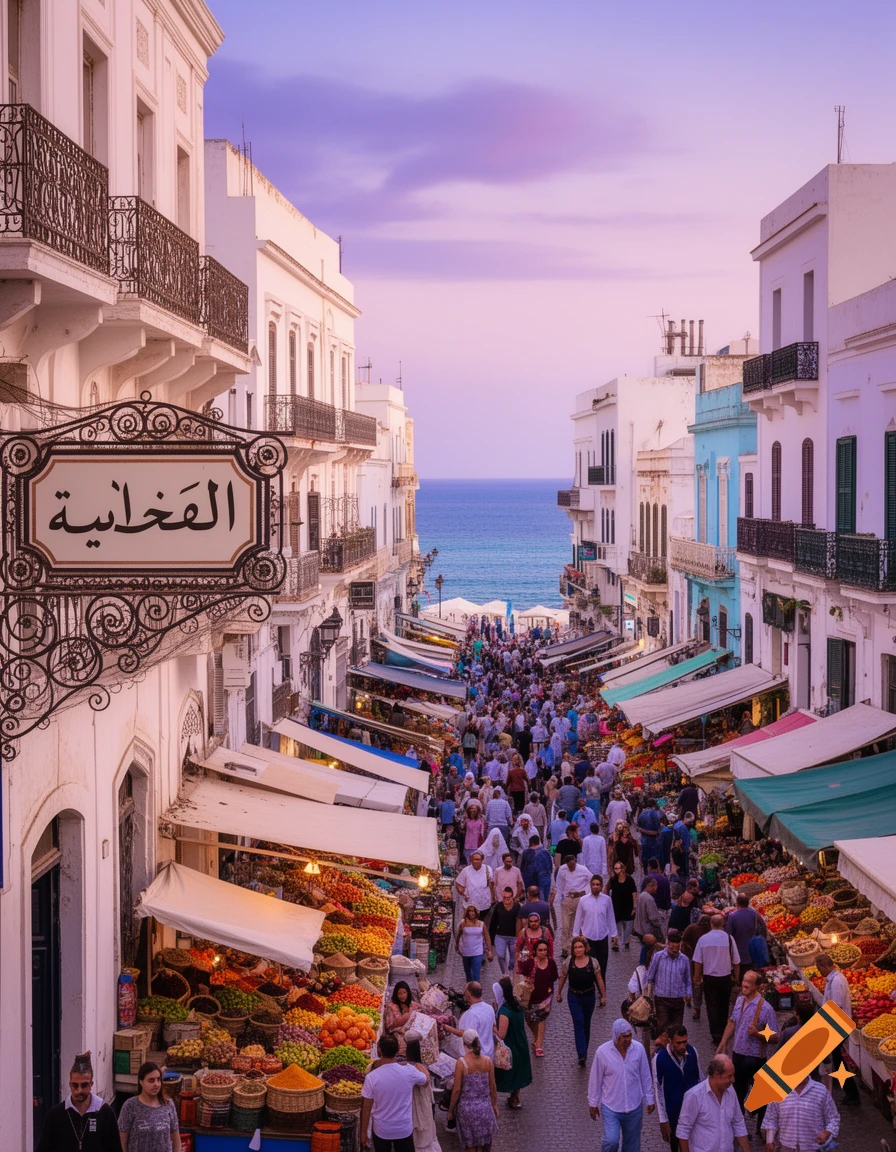 A bustling market street in a white-walled city leads down to the turquoise sea under a colorful sunset sky, filled with vendors and shoppers.