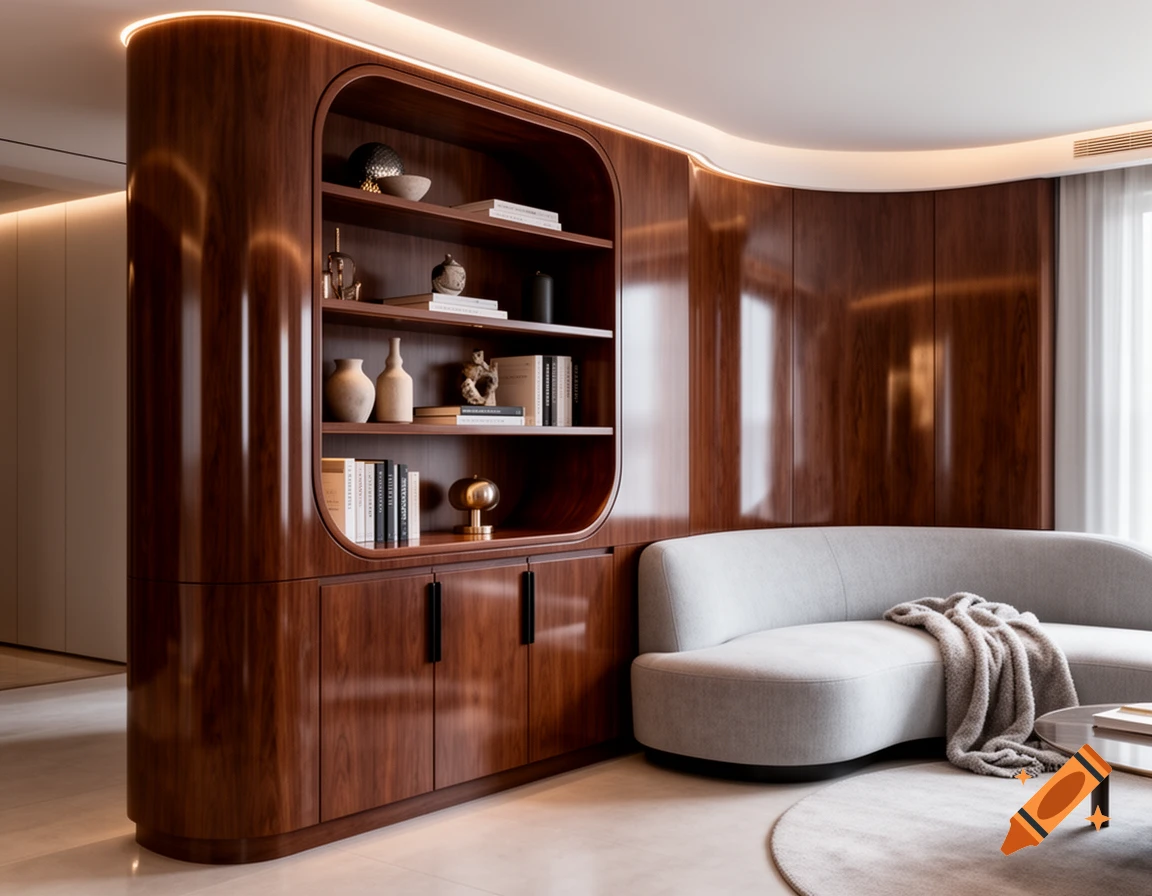A modern lounge featuring a curved wooden cabinet with open shelves and storage, serving as a room divider, next to a light gray curved sofa with a draped blanket.