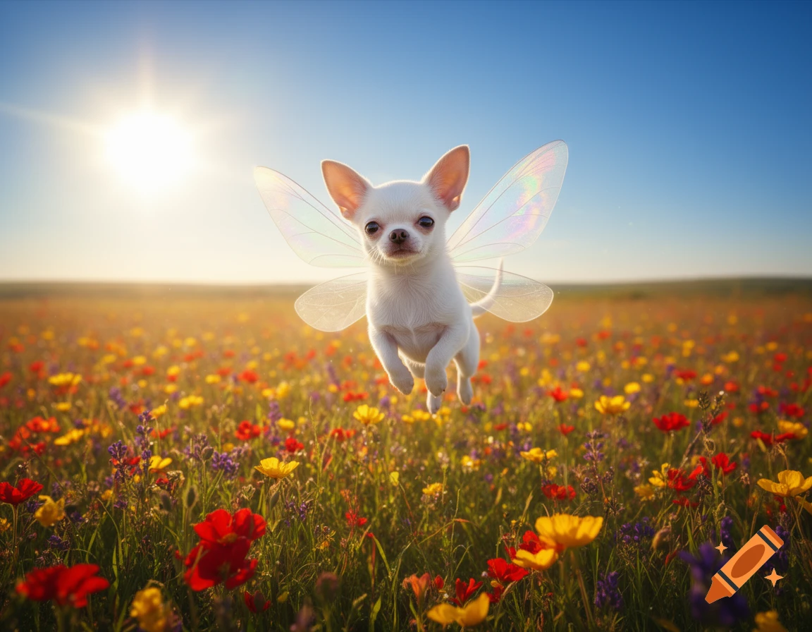 A white chihuahua with translucent fairy wings flies over a vibrant meadow of colorful wildflowers under a bright sun.