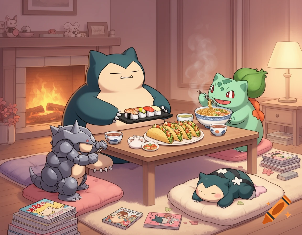 Snorlax eating sushi, Bulbasaur eating ramen, Rhyhorn eating tacos, and a sleeping Munchlax in a cozy room by a fireplace.