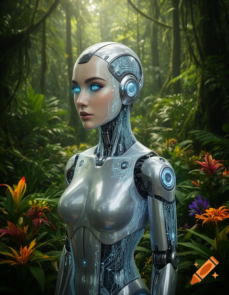 A futuristic female android with glowing blue eyes and intricate circuitry on its body stands in a vibrant tropical rainforest.