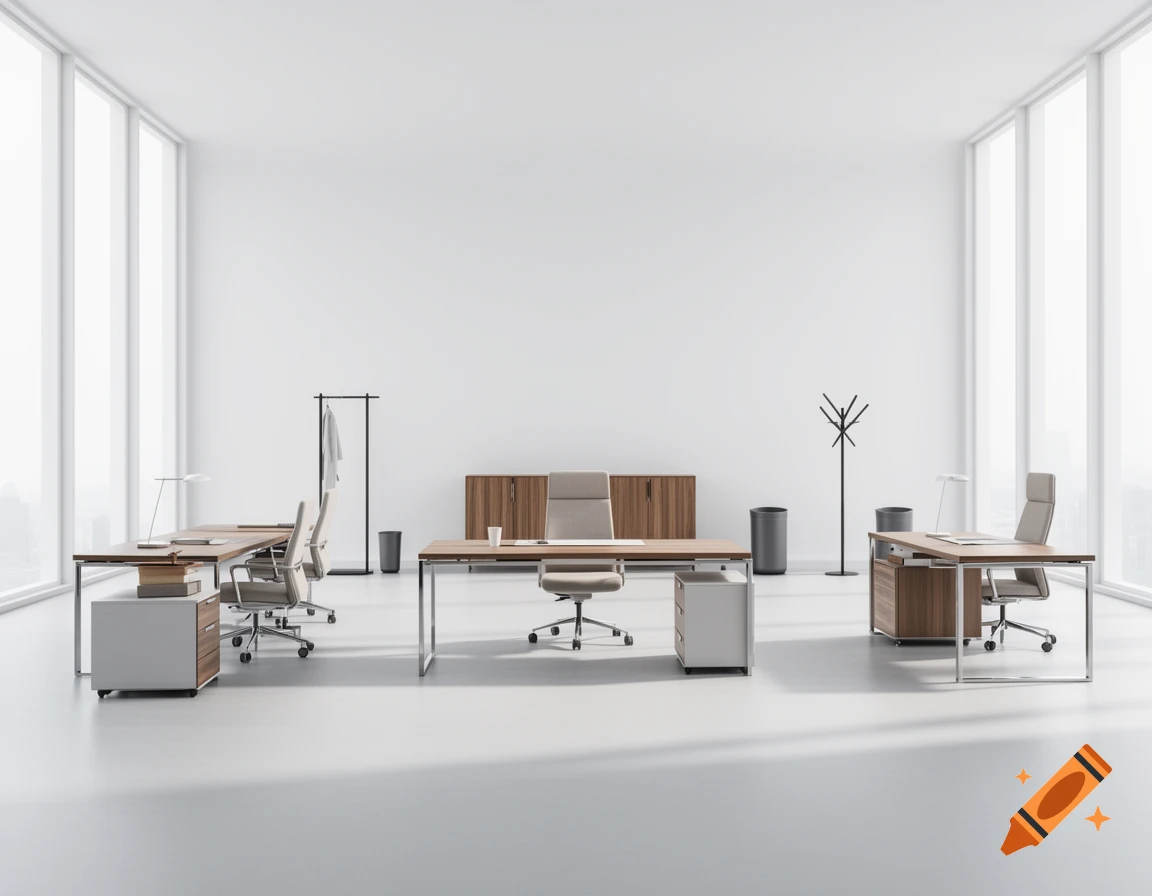 A modern, bright office showroom with desks, chairs, filing cabinets, and coat racks.