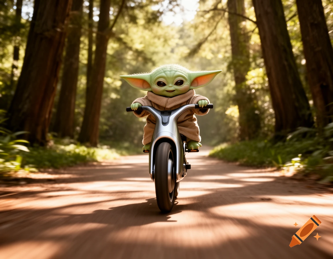 Baby Yoda riding a bike on a dirt path through a sun-dappled forest.