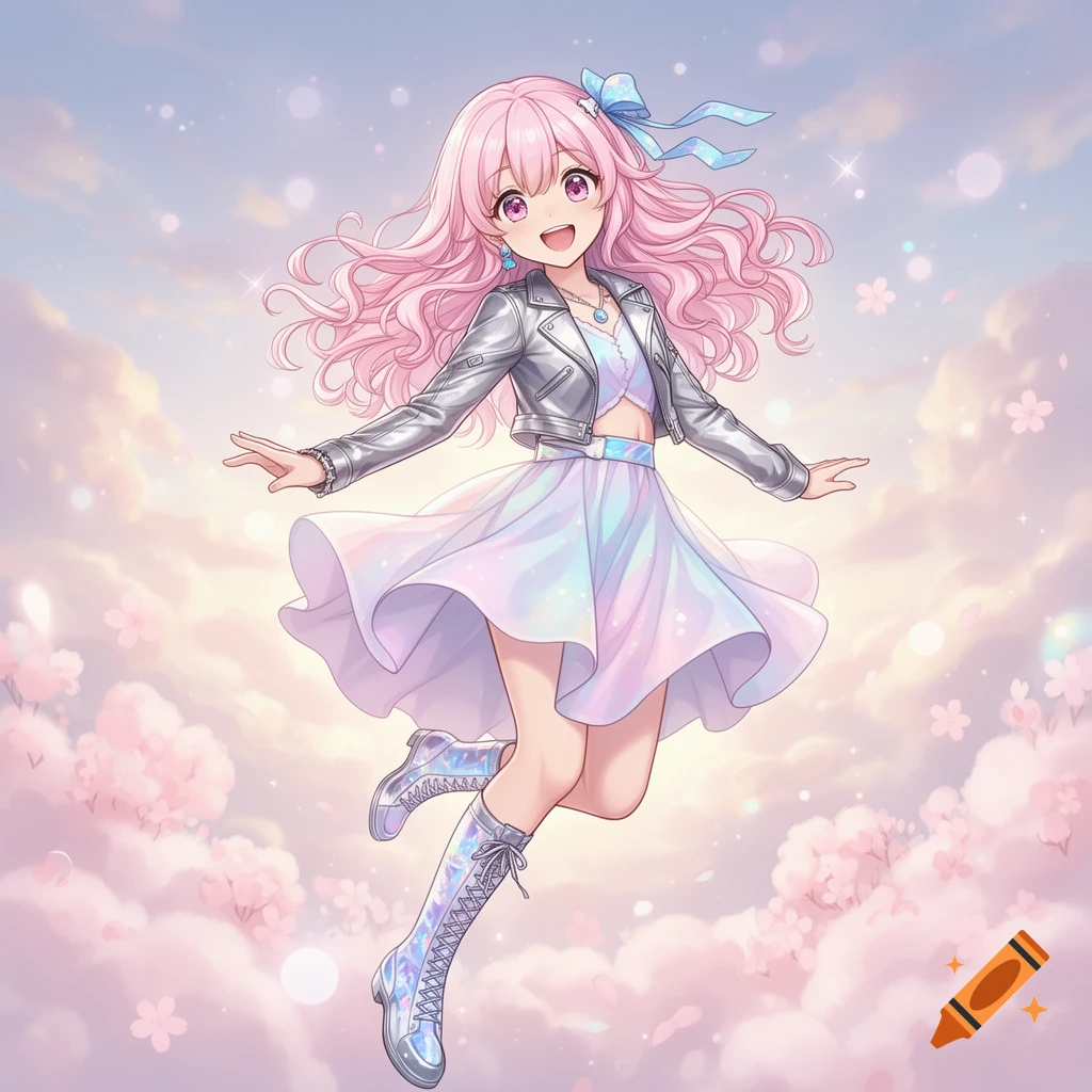 A smiling anime girl with pink curly hair, wearing a silver jacket and iridescent dress, floats in a dreamy sky with pink clouds.