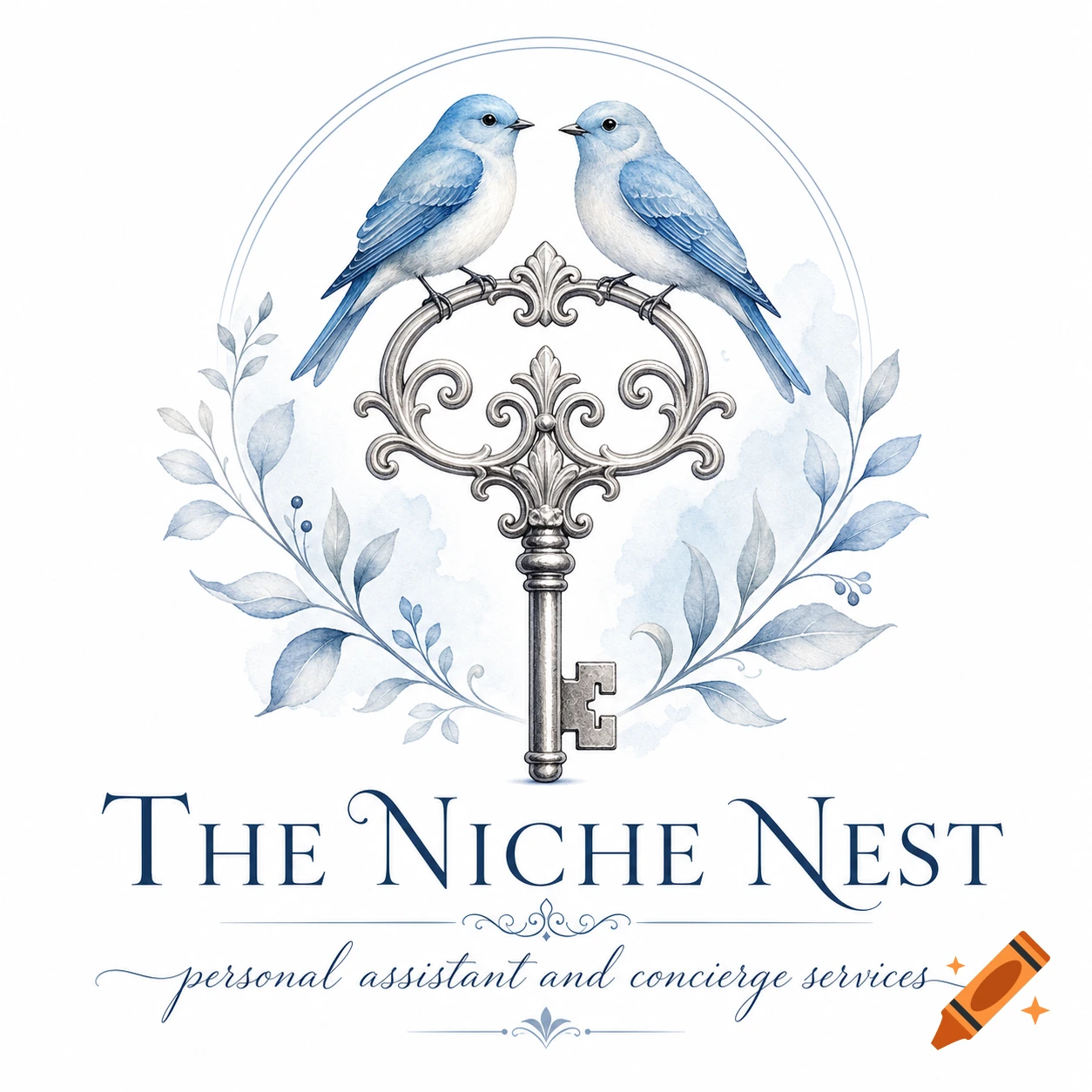 Watercolor logo featuring two bluebirds on a vintage silver key, blue foliage, and 'The Niche Nest' text.