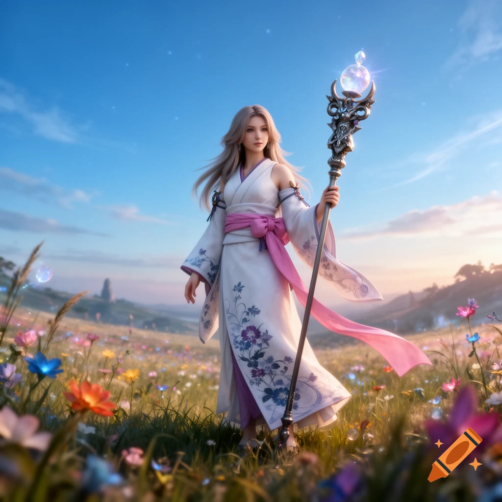 A female fantasy character resembling Yuna, in a white and pink kimono, holds a glowing staff in a vibrant flower field under a blue sky.