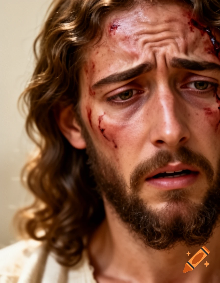 Photorealistic close-up portrait of Jesus with bloodied wounds on his face, looking sorrowful and distressed.