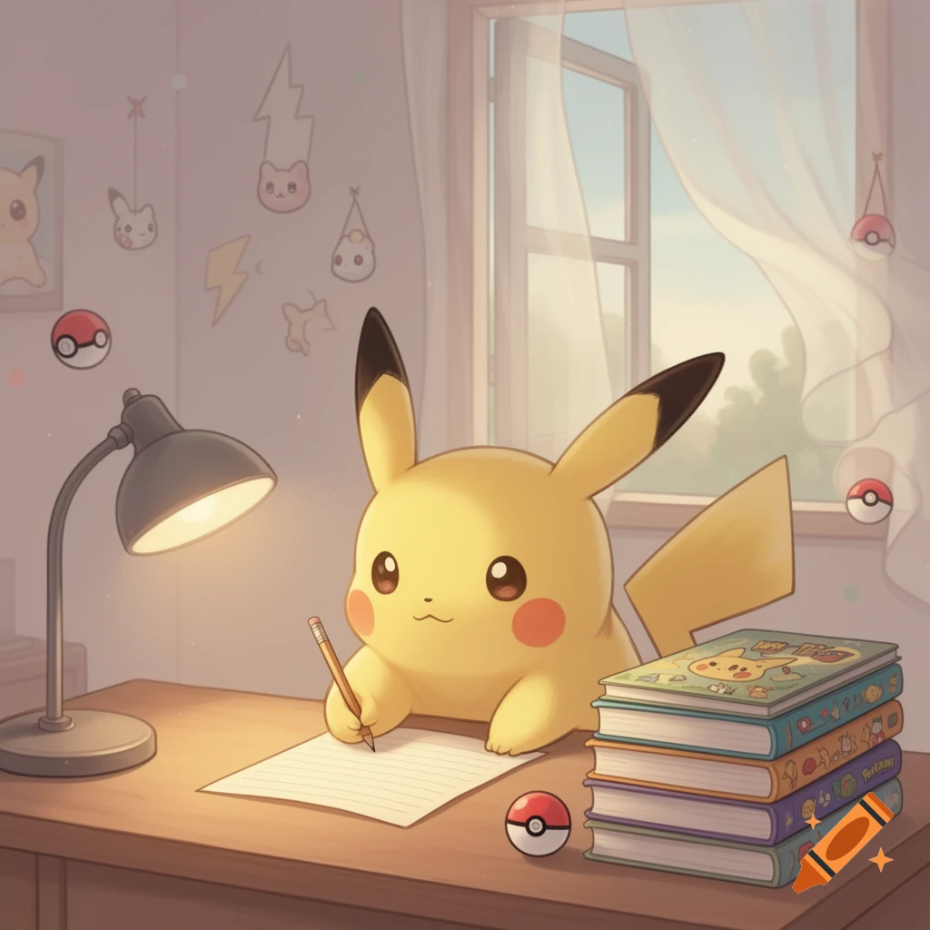 Pikachu sits at a desk under a lamp, writing on paper next to a stack of books, in a cozy room with a window.