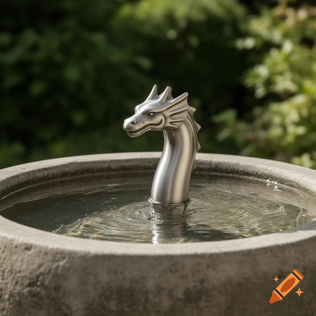 A brushed metal dragon head sculpture emerges from the water in a stone fountain, with blurred green foliage in the background.