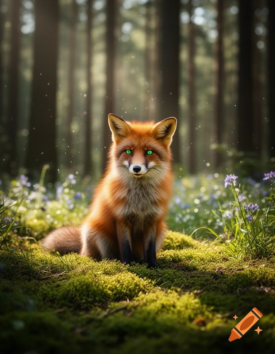 A red fox with glowing green eyes sits on moss in a sunlit forest, surrounded by small flowers.