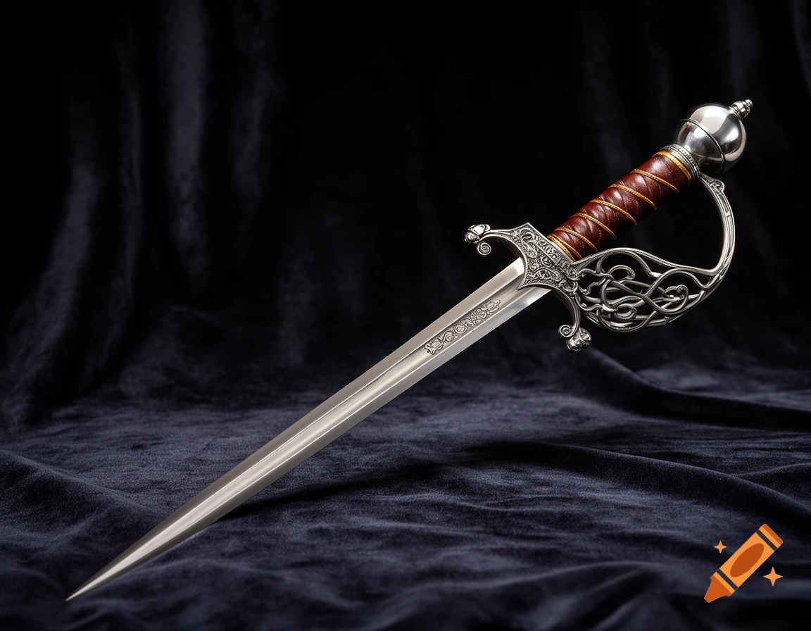 A photorealistic, ornate fantasy sword blending medieval and Renaissance styles, with a leather-wrapped grip and intricate silver hilt, displayed on a dark velvet backdrop.