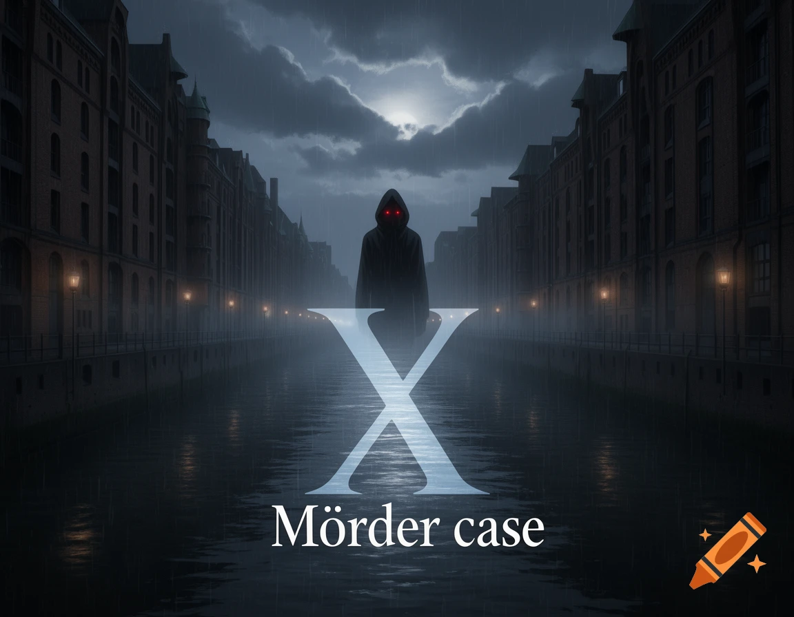 A hooded figure with red eyes stands in the misty distance of a dark, rainy canal lined with old buildings. A large X reflects in the water, with the text 'Mörder case' at the bottom.