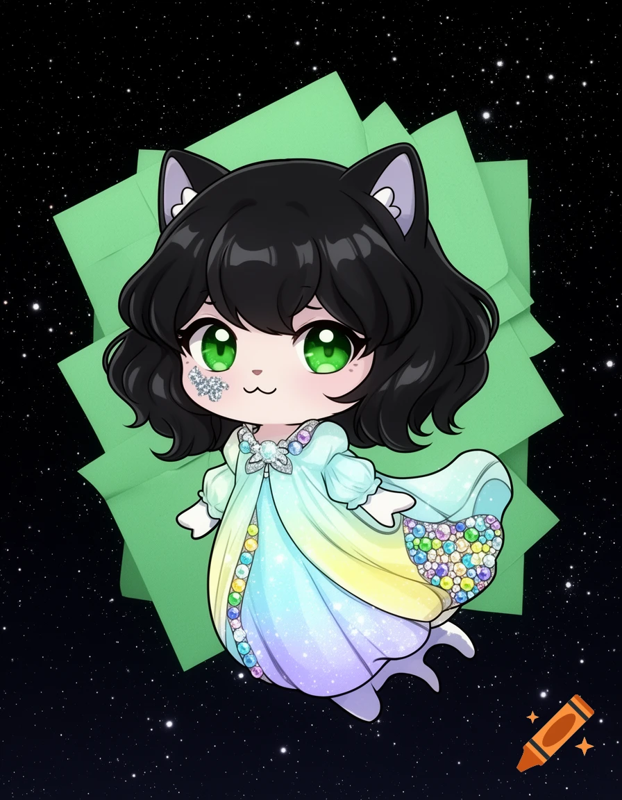 A cute chibi cat-girl with black hair, green eyes, and a glitter mark, wearing a sparkly rainbow gradient dress, floats in a starry night sky.