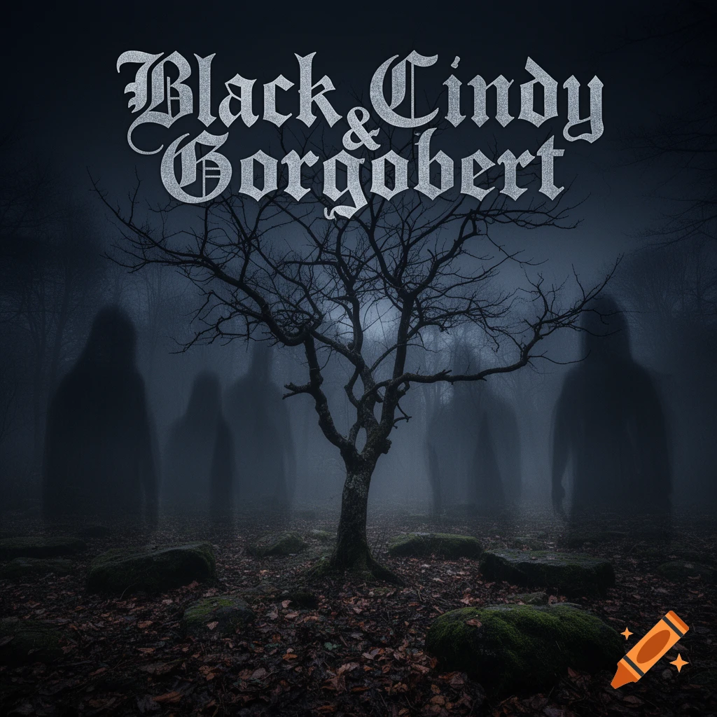 Gothic album art of a dark, misty forest with a bare tree and shadowy figures, text 'Black & Cindy Gorgobert'.