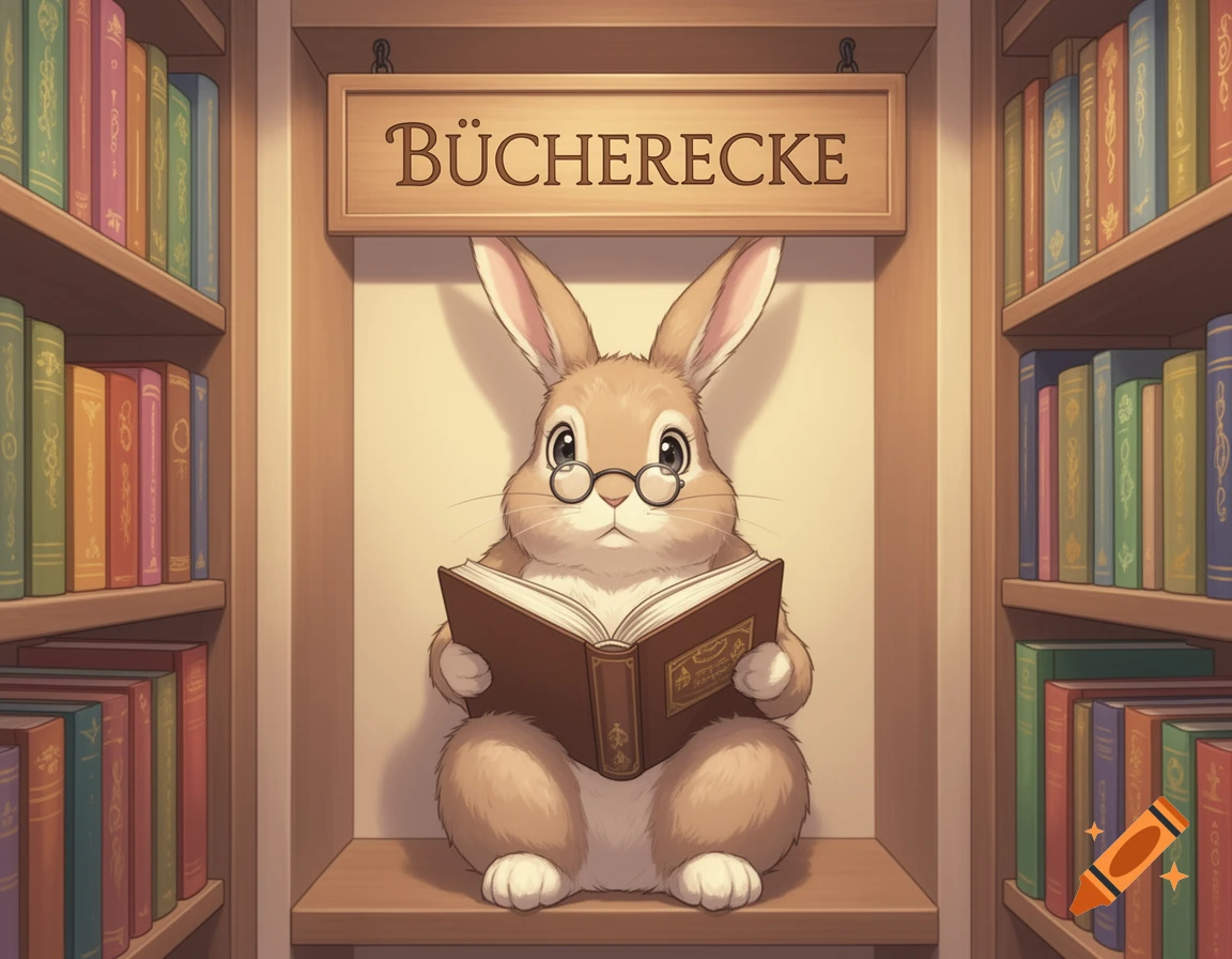 A cute rabbit wearing round glasses sits in a bookshelf nook, reading a book. A sign above says "BÜCHERECKE".